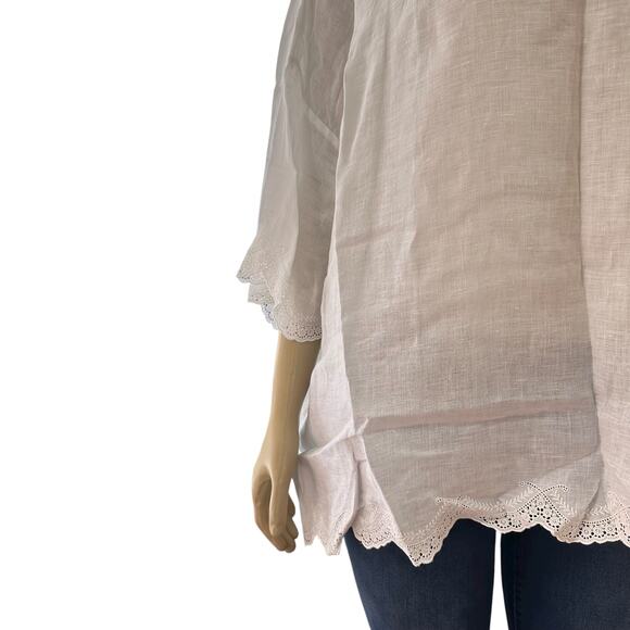 Eskandar Womens Linen Eyelet Trim Top One Size White Minimalist Lagenlook Boho - Picture 5 of 16